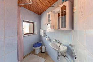 OspUNDER THE ROCK Osp的蓝色的浴室设有水槽和卫生间