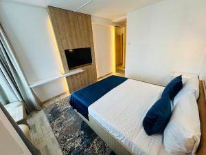 奥林普STEAUA DE MARE - Olimp Resort的一间卧室配有一张带蓝色枕头的床和电视。