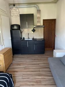 蓬塔谢韦Campary的厨房配有黑色橱柜和木地板