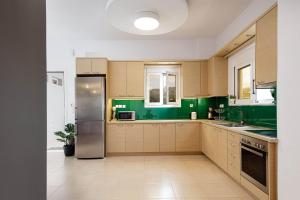 阿德里安诺斯坎波斯Villa Emily Rethymno的厨房设有绿色的墙壁和不锈钢冰箱。