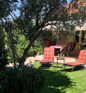 马林斯卡Villa AnaAngela的院子里有两把椅子和一张桌子