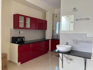班加罗尔SSN Home Stays in Bangalore near PLAY Arena的浴室设有红色橱柜和白色水槽