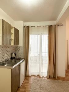 乌尔齐尼Apartmens Xhenis Lux的厨房设有水槽和滑动玻璃门