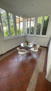 贝尔格莱德Filip Luxury Suite的客房设有桌椅和窗户。