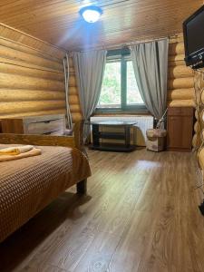 塞尼维斯卡波利亚纳Верховинський водограй的一间卧室配有一张床和一台电视。