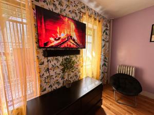 纽约Italian style room shared bathroom的客厅设有壁挂式平面电视。