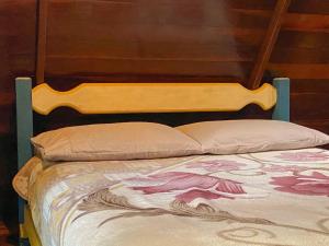 欧鲁普雷图Chalé Floresta Amada的一张带木制床头板和枕头的床