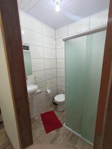 佩尼亚Pousada Pontal da Armação的一间带卫生间和玻璃淋浴间的浴室