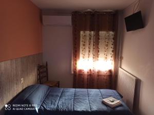 菲格拉斯Hostal Galicia的一间卧室设有蓝色的床和窗户。