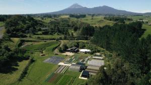 新普利茅斯Roebuck Farm Stay的享有高山农场的空中景色