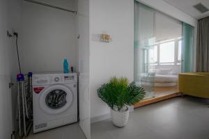 胡志明市滨城城市之夜公寓的一间有盆栽的房间里洗衣机