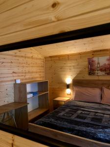 泰斯Bujtina Pllumi Theth的小木屋内一间卧室,配有一张床
