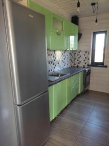 斯维季亚济Сімейний куточок的厨房配有绿色橱柜和不锈钢冰箱