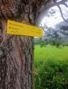 OberortHaus Bergblick的树边的黄色标志