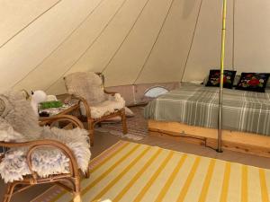 帕达斯特Pädaste Aerga Sunrise Glamping的一间卧室,在帐篷里配有一张床和椅子