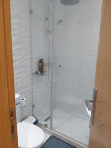 拉巴特Hassan的一间带卫生间的浴室内的玻璃淋浴间