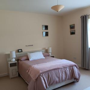 BallycrossaunHome from home in East Galway的一间卧室设有一张大床和一个窗户。