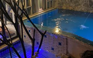 塞友荣格佳旅馆的大楼内带蓝色灯光的游泳池