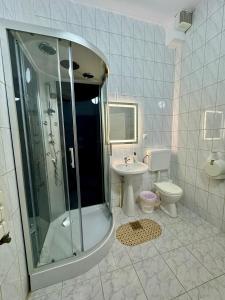 皮亚特拉-尼亚姆茨PENSIUNEA ANA的带淋浴、卫生间和盥洗盆的浴室