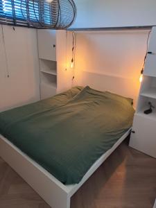 泽尔赫姆De Platwever 3B的一间卧室配有一张带绿色棉被的床