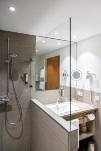 布莱特瑙Hotel Hofgut Sternen的一间带玻璃淋浴和水槽的浴室