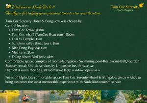 宁平Tam Coc Serenity Hotel & Bungalow的餐厅菜单的一页