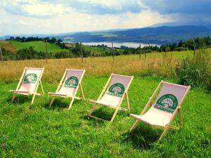 SzlembarkWoda Góry Las - glamping CAŁOROCZNY的坐在草地上的三把椅子