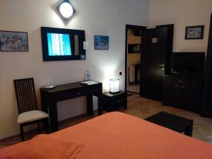 布拉索夫布拉索夫度假屋的卧室配有书桌和墙上的电视。