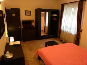 布拉索夫布拉索夫度假屋的客房设有床、桌子和镜子