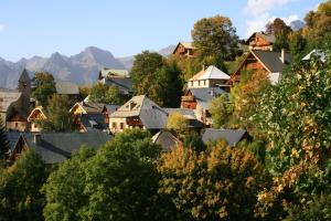 Villard-ReculasAppartement moderne vue imprenable的山丘上的小镇,有房子和树木