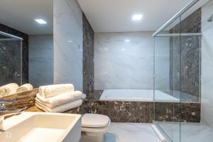 乌贝兰迪亚Gran Executive Hotel的带淋浴、卫生间和盥洗盆的浴室