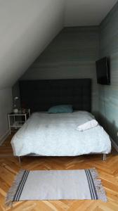 哥本哈根Cosy room in residential part of Copenhagen, with free street parking and shared bathroom的卧室配有一张床,墙上配有电视。