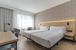潘普洛纳纳瓦拉女王布兰卡酒店的酒店客房设有一张大床和一张书桌。