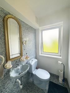 因斯布鲁克Haus Sunnseitn的一间带卫生间、水槽和镜子的浴室