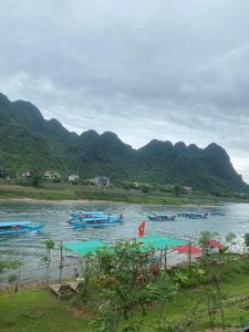 Bố TrạchPOMELO HOMESTAY Phong Nha的一群船在一条有山 ⁇ 的河上