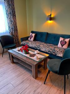 苏凯Apartamenty i Pokoje w Willi na Ubocy的客厅配有蓝色的沙发和茶几