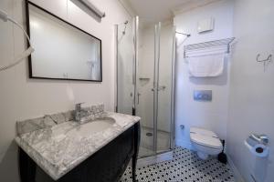 伊斯坦布尔The Frame Hotel & Suites的一间带水槽、淋浴和卫生间的浴室