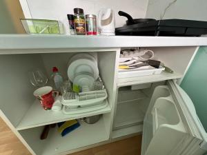 卡罗维发利Loft apartment Svahova 6的配有餐具和厨具的厨房柜