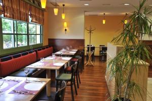 穆尔西亚Travelodge Murcia的餐厅设有木桌和椅子,种有植物