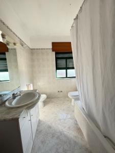 莫加多鲁Hotel Trindade Coelho的一间带水槽和淋浴帘的浴室