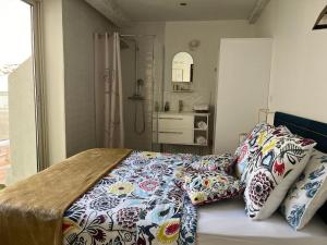 马赛Appartement atypique cosy entre terre & mer的卧室内的一张带枕头的床