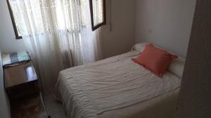 托莱多Cuarto Privado Doble en Toledo的一间小卧室,配有一张带红色枕头的床