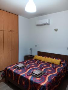 帕福斯Pari Holiday apartments的一间卧室配有一张带彩色毯子的床