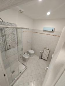 热那亚Ca' Barabino的一间带玻璃淋浴和卫生间的浴室