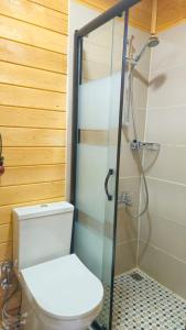 契拉勒巴拉卡住宿酒店的一间带卫生间和玻璃淋浴间的浴室