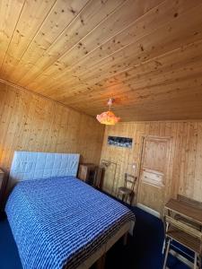 巴斯洛内特Chez LIZON的木制客房内的一间卧室,配有一张床