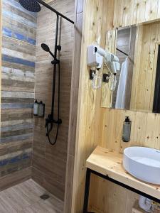 库塔伊西Hotel Eurica的木制浴室设有水槽和淋浴