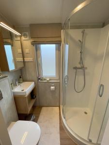 纳堡Tiny Haus 4的带淋浴、卫生间和盥洗盆的浴室