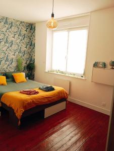 亚眠Irziana - Au jardin d'Henriville的一间卧室设有一张床和一个大窗户