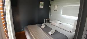 萨尔塔Cantal Tiny house的一间卧室配有带白色床单和枕头的床。
